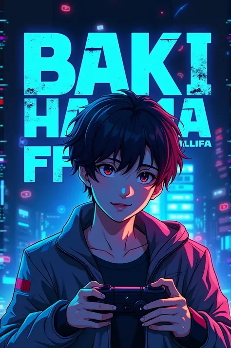 This is a gaming banner that features the name "Baki Hanma FF" in a futuristic font and a neon blue color. and Boy Anime avtar, The banner also has a stylized controller icon and a YouTube play button in the background. The banner is designed to be attract...