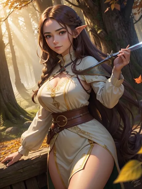 A beautiful village girl with a gentle smile,(best quality,4k,8k,highres,masterpiece:1.2),ultra-detailed,female,(character) 20-year-old woman, ((adventurous)) elf, ((beautiful)), ((brown hair)) and ((very long hair)),brown hair, fit body, large breasts, th...