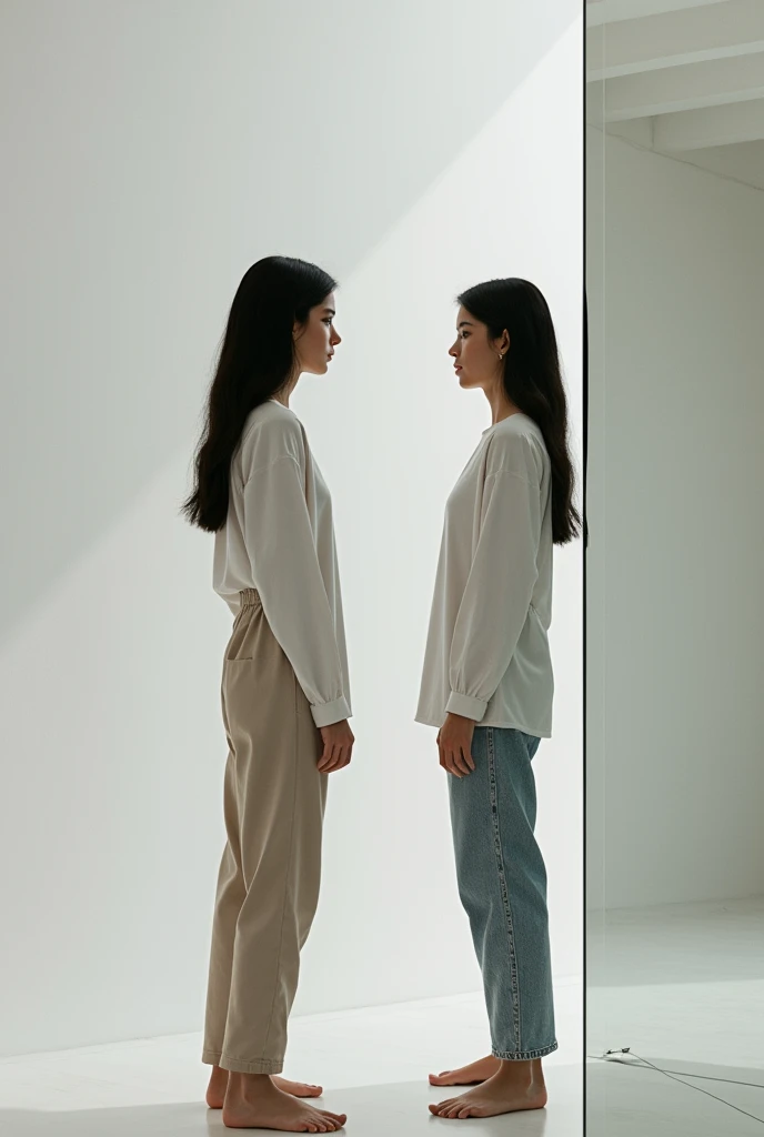 A person standing in front of a mirror (standing on the right like half sideways (half visible) and front reflection)