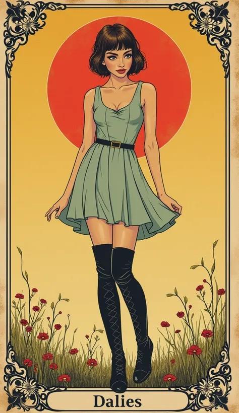 masterpiece, plain tarot aesthetics, masturbation humping, tarot plain vintage, tight flirt dress, in fiting-rioom,thigh-high boots, teenage junior girl, tease herself, languid posing,short haircut, brunette|blond, freckles, vintage aesthetics line-art,