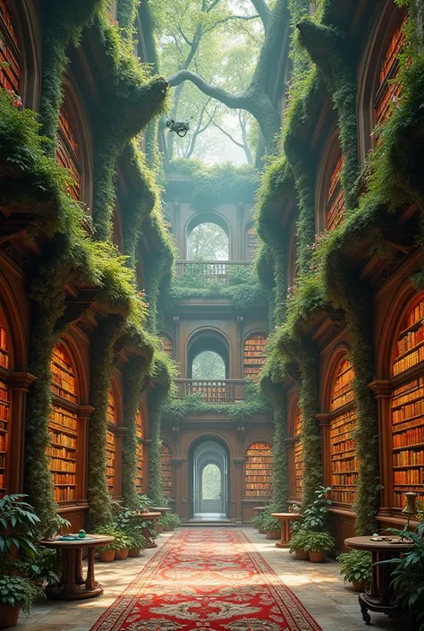 Long image of creative and unique library where the library has theme of nature and the lighting and brightness of the image is excellent 