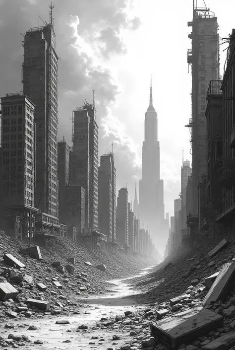 Create a black and white comic book style image of the following scene: A devastated planet Earth. Crumbling cities