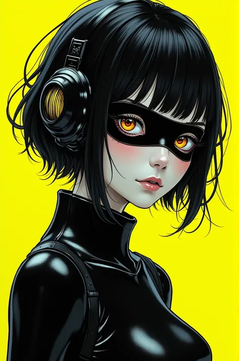 ((best quality)), ((masterpiece)), (detailed), perfect face of cyberpunk mecha japanese girl, shiny black eyes, shiny black body, shiny black hair, ((monochromatic black color palette)), surreal, art nouveau, in the illustrative style of moebius, spaceship...