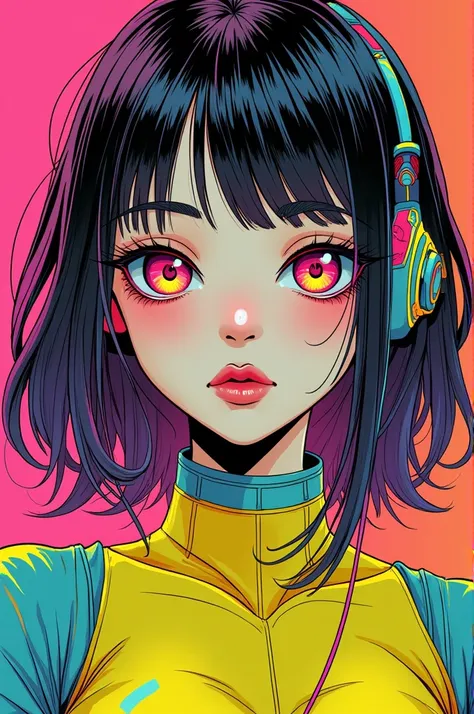 ((best quality)), ((masterpiece)), (detailed), perfect face of cyberpunk mecha japanese girl, neon rainbow eyes, neon yellow body, rainbow hair, ((monochromatic neon rainbow color palette)), surreal, art nouveau, in the illustrative style of moebius, space