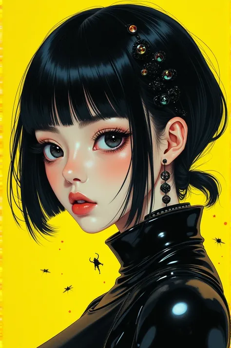 ((best quality)), ((masterpiece)), (detailed), perfect face of cyberpunk mecha japanese girl, shiny black eyes, shiny black body, shiny black hair, ((monochromatic black color palette)), surreal, art nouveau, in the illustrative style of moebius, spaceship...