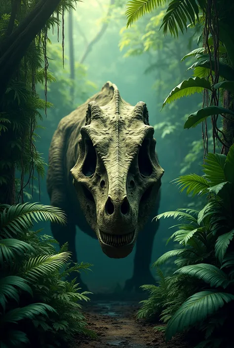 Design a mobile wallpaper with a green background, filled with details of vegetation and foliage, creating a rainforest feel. En el centro de la imagen, position the skull of a "Irritator", a brazilian dinosaur, in a prominent and well-detailed manner. The...