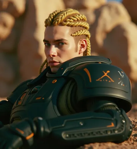 male at age 18 with blonde hair in box braids wearing the black and orange armor from the game Star Citizen. Hyper realistic. Best lighting