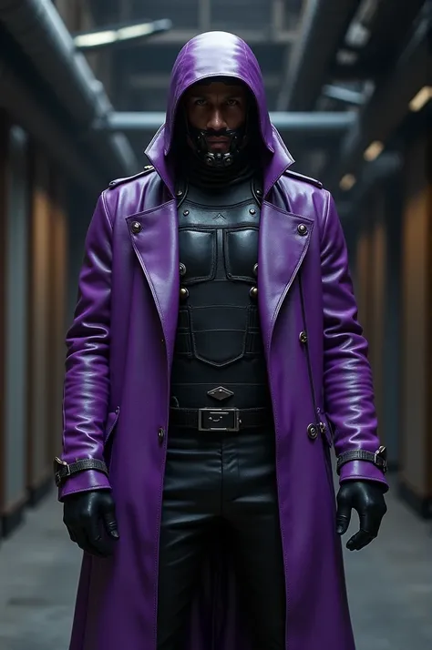 Um homem usando purple leather overcoat, he has a black armored vest underneath, black leather pants and wears a helmet ":)"