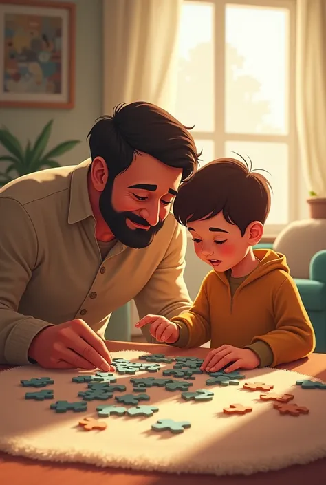 A father putting together a puzzle with his son