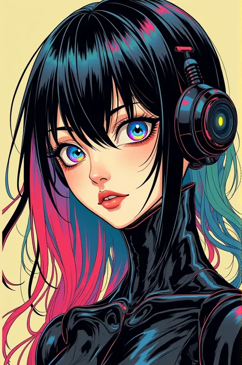 ((best quality)), ((masterpiece)), (detailed), perfect face of cyberpunk mecha japanese girl, neon rainbow eyes, metallic black body, rainbow hair, ((monochromatic neon rainbow color palette)), surreal, art nouveau, in the illustrative style of moebius, sp...