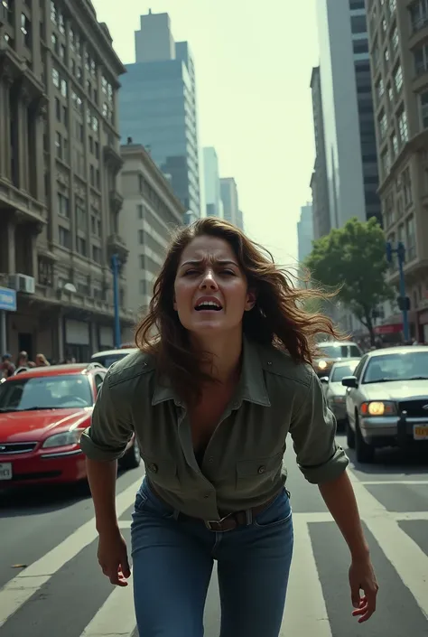 A woman walking in the middle of the street and being run over 