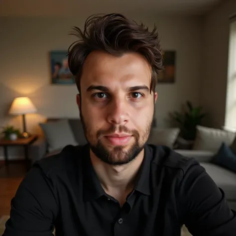 Ultra realistic photorealistic man dark brown hair brown eyes wearing a black dress shirt Fred Perry first person selfie in living room 16k super detailed 