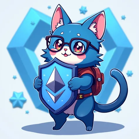 blue Toshi animetion Cat wearing animetion glasses and hold Shield,this Shield surface is Ethereum Logo and write in words (Stand With Crypto),background is blue Basecoin Logo,8k