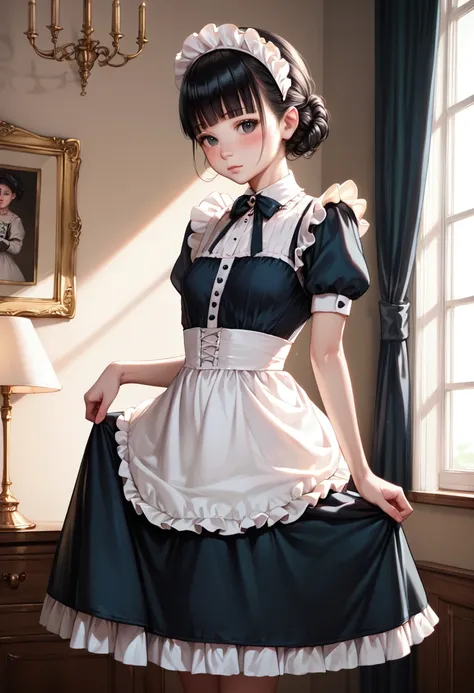 (score_8, score_8_up,Perfect Anatomy,Exquisite detailed,Victorian:1.1)(realistic,photorealistic:0.8)girl,Japanese,small eyes,black eyes,black hair,short hair,blunt bangs,straight hair,small breasts,Maid dress,blush,room