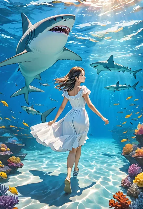 Girl walking in the sea underwater shark