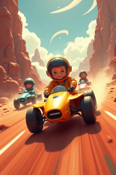 Astronaut children in racing cars on the planet Venus