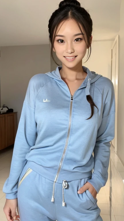 A superb exquisite real beautiful girl, semi-long hair, loose bun, hair turban, extremely exquisite facial features, peerless beautiful girl, jogging suit, navy blue jogging suit, slender, small breasts, exposed thighs, sweet shy smile with teeth, soft, le...