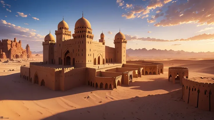 intricate detailed arabic castle in desert, daytime,strongly lit,hot tones,blue sky,detailed city,sandy desert,photorealistic,cinematic lighting,masterpiece,(best quality,4k,8k,highres,masterpiece:1.2),ultra-detailed,(realistic,photorealistic,photo-realist...