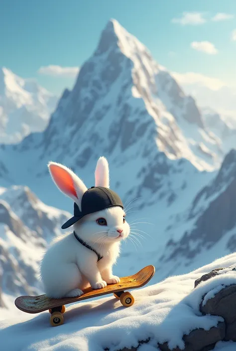 A white rabbit with a skateboard and a black cap searching for a golden scroll on top of a mountain