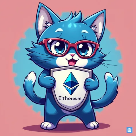 blue Toshi animetion Cat wearing Nouns glasses and hold Shield,this Shield surface is Ethereum Logo and write in words (Stand With Crypto),background is blue Basecoin Logo,8k