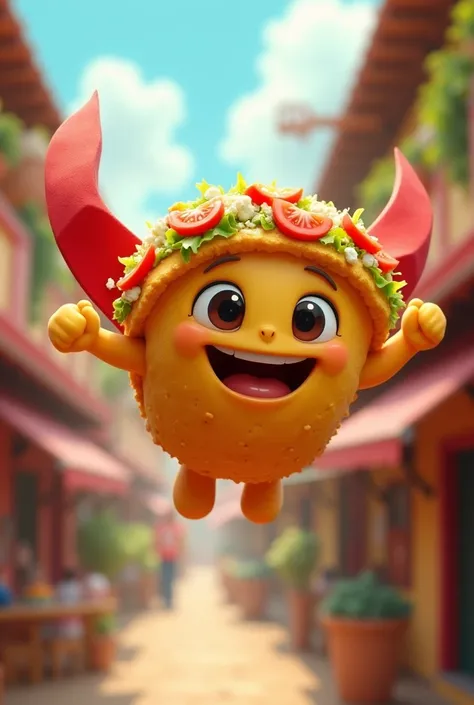 Animated Mexican corn tostada flying like a superhero 