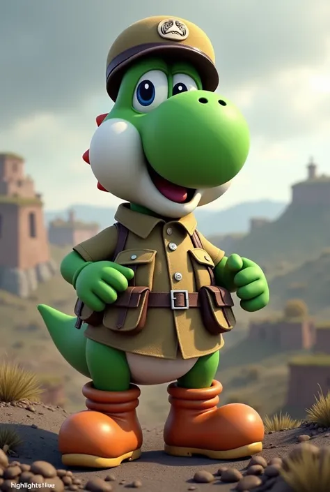 Generate image 1080 x 566 pixels, of yoshi dressed as a war soldier smiling. Insert the written text l: highlghts Live, Games Sid 