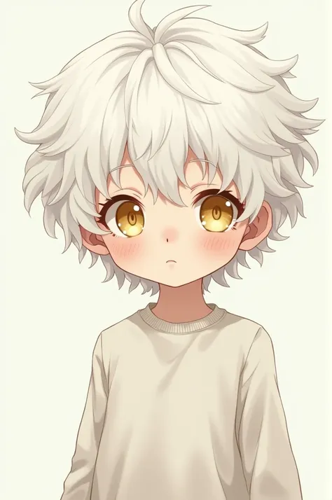 Albino anime baby with curly white hair and yellow eyes, dressed in boys clothes, and his skin as white as snow