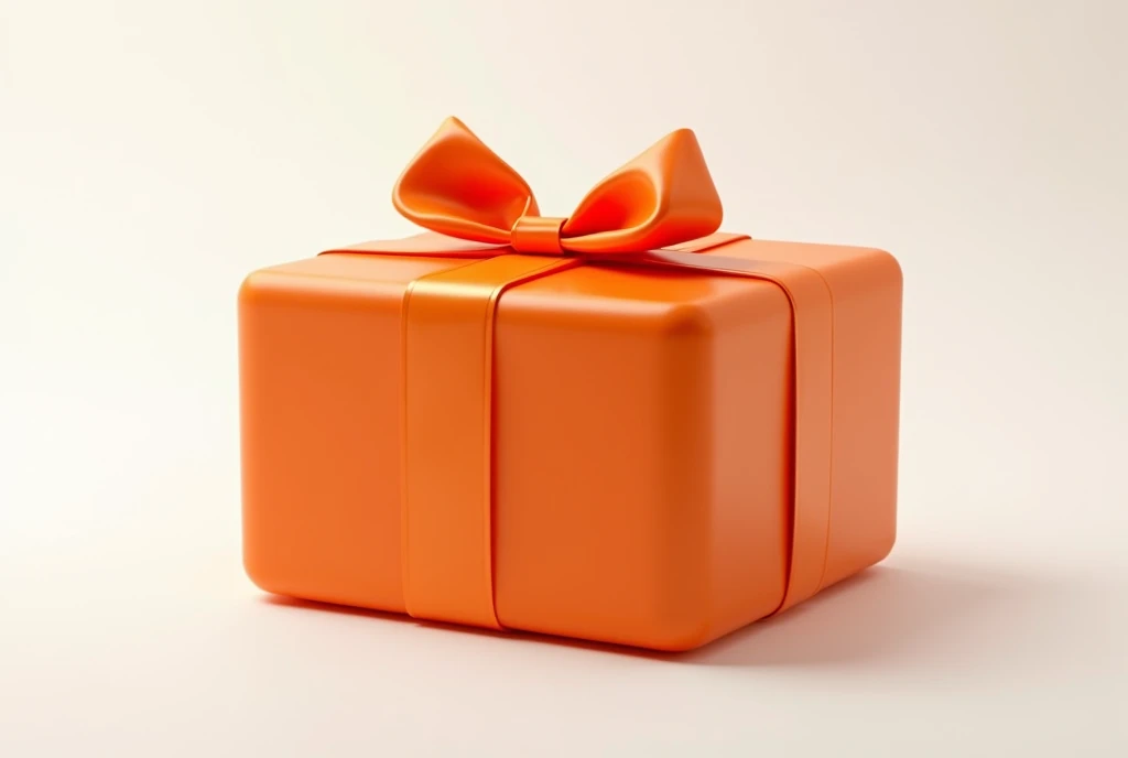 Volumetric inflated round rectangular box with a bow made of matte orange plastic, voluminous rounded bloated, made of orange matte plastic, high detail, White background
