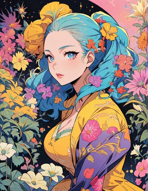 menera style, by Ernst Haeckel, exquisite illustration of a girl wearing flowers, anime, pixiv, kawaii girl, facing forward, MoonbeamStyle