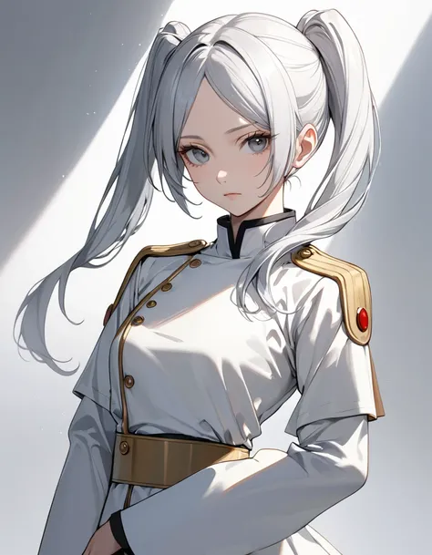 1girl, frieren character, silver hair with pony, twin tail, expressionless, tilt left, 20 year old women, half body, slim, best quality, beautiful, 8K, act elegant pose, perfect body, concept