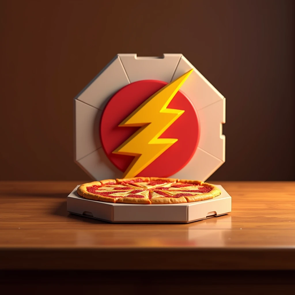 make a pizzeria logo, (Written "pizza fast":2.0), inspired by DC&#39;s The Flash logo, (two pieces of pizza in the shape of a lightning bolt:2.0), pizza box in the background, octagonal pizza box, intricate details, work of art, perfectly drawn, minimalist...