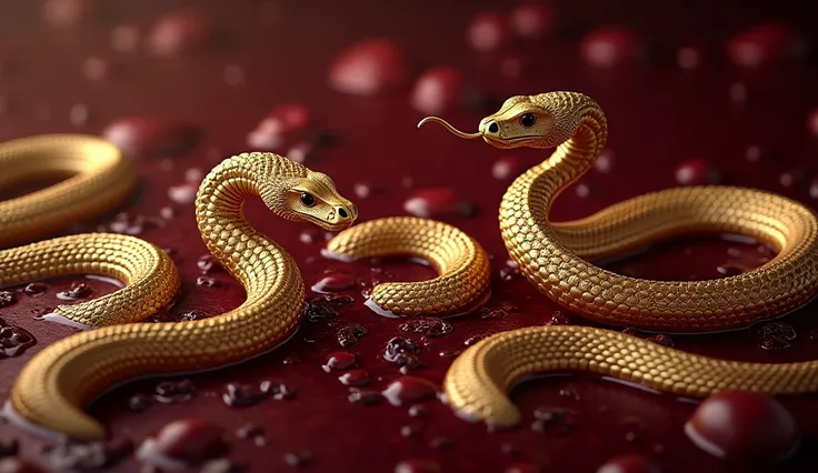 wine colored background,golden snakes bathing in wine