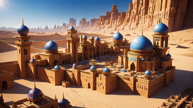 a detailed fantasy palace in the desert, sunlight, highly detailed, strong sun, arabia, blue sky, city, warm tones, aladdin, city surrounding the palace, detailed blue elements, desert sands, intricate architecture, ornate details, grand and imposing, phot...