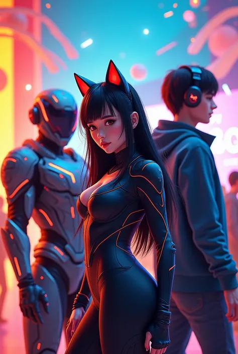 A vibrant, dynamic scene depicting a futuristic convention atmosphere showcasing gaming, esports, and pop culture. In the foreground, a young woman with long dark hair styled into cat ears, dressed in a sleek, high-tech bodysuit, stands confidently. Beside...