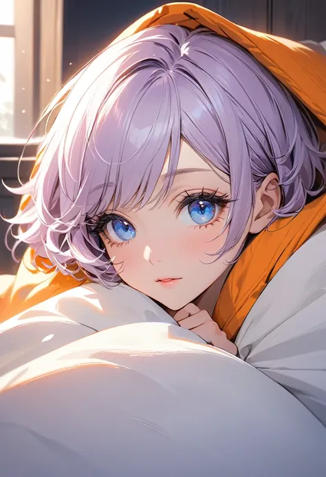 ((best quality)), ((Masterpiece)), (details), Young woman, alone, ( light purple hair, blue eyes, ((short hair)) , beautiful face, Beautiful skin, Long eyelashes, Thick eyelashes),  (primary warm vivid color palette), pajamas, Huddled under the covers, on ...