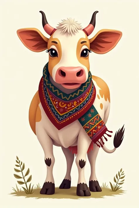 Cow illustration with scarf from Cajamarca, in the neck, cow looking frontal mode.