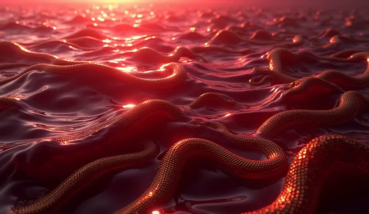 red wine full background,with red waves,golden fat snakes in it