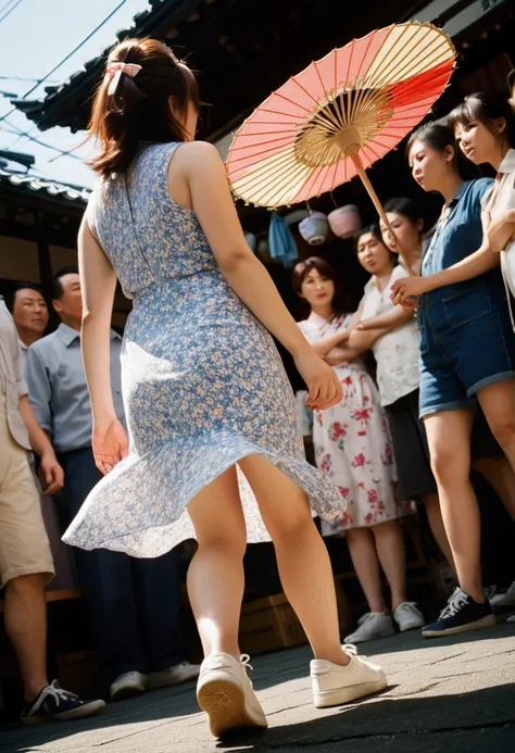 motion blur candid street photography shot of an very close crowd in kyoto market, shot on mamiya R67 with 35mm lens and f/1.8, from behind the close crowd there was a japan idol women with moody expression, she play paper pinwheel, in sundress, sneakers, ...