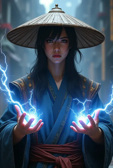 Realistic Mortal Kombat,, Raiden with Chinese hat,, young,, with thunder in his hands.