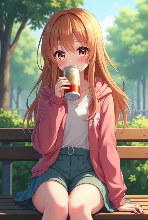 anime girl sitting on a bench with a cup of coffee, cute anime girl, anime style illustration, soda themed girl, beautiful anime high school girl, a hyperrealistic schoolgirl, anime girl, young anime girl, beautiful anime girl, anime girl drinks energy dri...