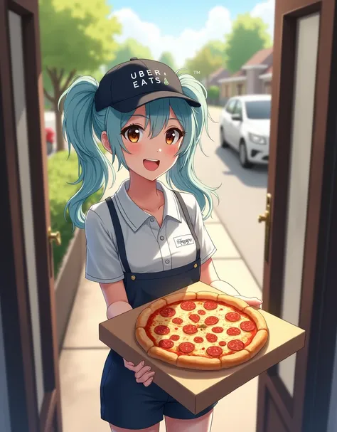 (UberEats delivery person, Wearing a polo shirt uniform and a baseball cap. Light blue long hair、Beautiful twin-tailed delivery girl、明るいsmile、She&#39;s giving you pizza. doorway, Sidewalk, street, car, Home), (anime, Digital, smile, Soft Light, figure , Ex...
