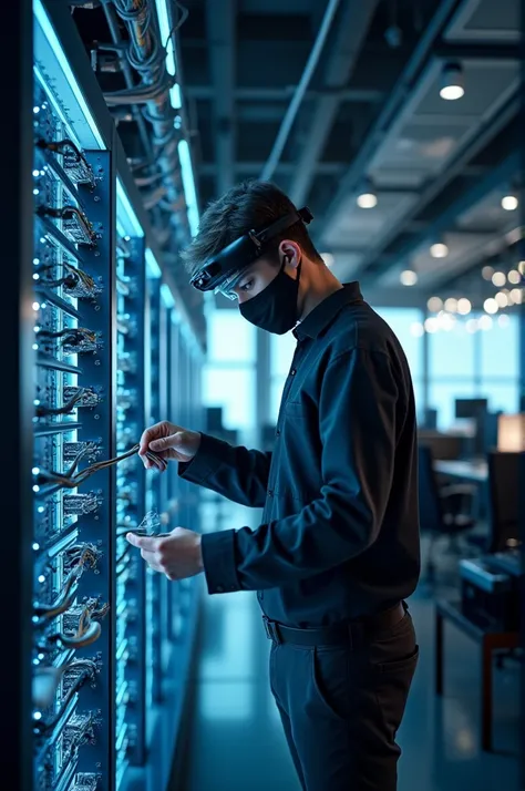 a network engineer using face musk building a futere 9 generation speed full network in A fully equipped office 