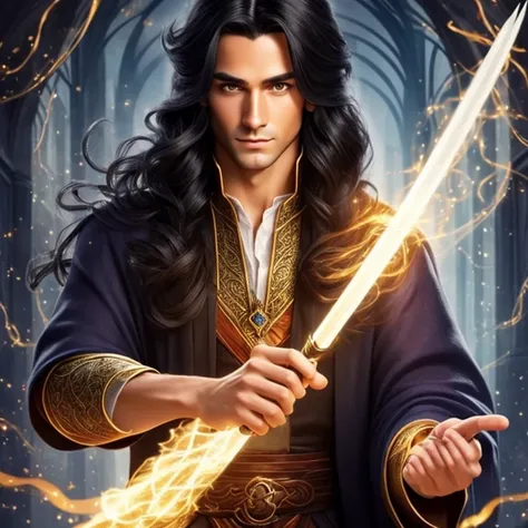 create a handsome young wizard, long black hair, without beard, androgynous, perfect hands, perfect look, with his magic wand su...