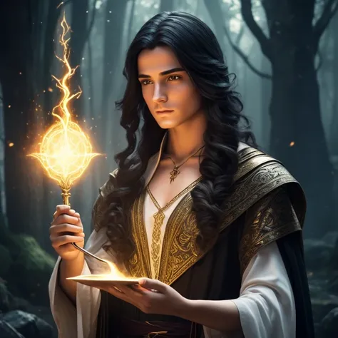 a young handsome androgynous wizard with long black hair, no beard, perfect hands, perfect gaze, holding a magic wand, surrounde...