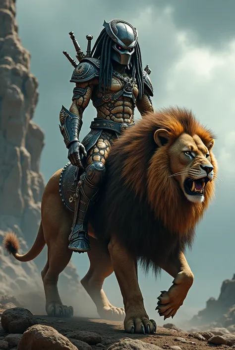 The Predator riding a lion with a saddle, the lion with armor 
