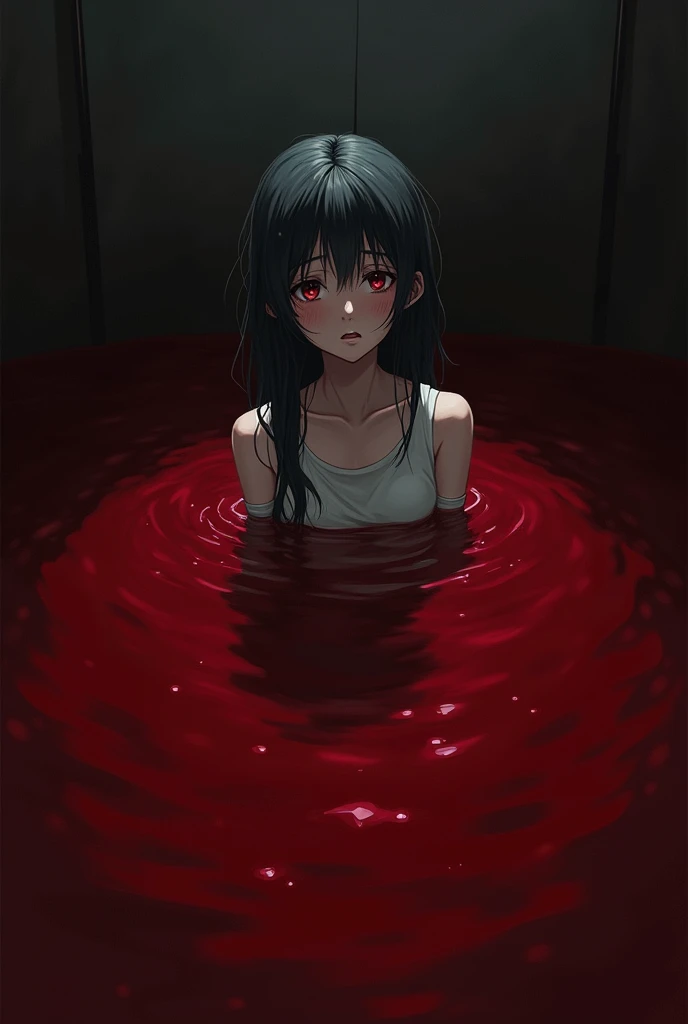 anime girl, waost deep into pool of blood . her clothes stained with blood