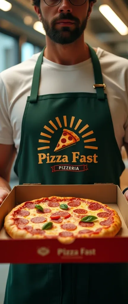 there is a man with an apron, the logo is printed on the apron, he holds a pizza box, realistic as a mirror, hyper detailled, best qualityer, open box with a pizza inside, a written pizzeria logo "pizza fast", the logo has a decal of a pizza forming a ray ...