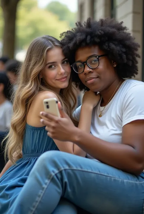 Create a photo of a young student, with a slender and beautiful body, wearing jeans and a white top, with white and clear skin, with long light hair and her back is to the camera while taking a selfie sitting on the lap of a young obese black student, dark...