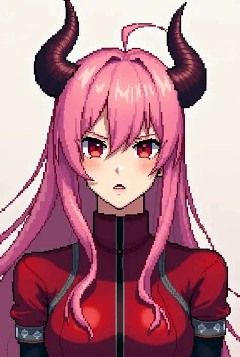 Hello! I would like you to recreate the character Zero Two from the anime &#39;Darling in the Franxx&#39; in pixel art. Pixel art should capture her iconic look, including her pink hair, the horns and the red uniform. Keep the pixelated style and make sure...