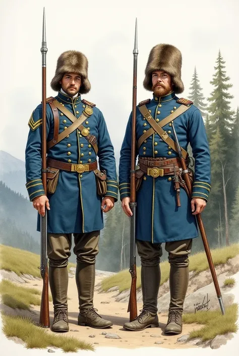 Historical accurate realistic Watercolor drawing of Swedish Caroleans, showcasing historical accurate uniform, and weapons. 